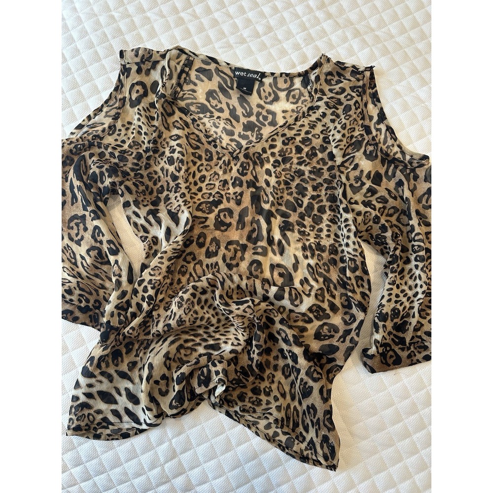 Wet Seal Y2K Women's Leopard Print Open Shoulder 3/4 Sleeve Blouse Size M